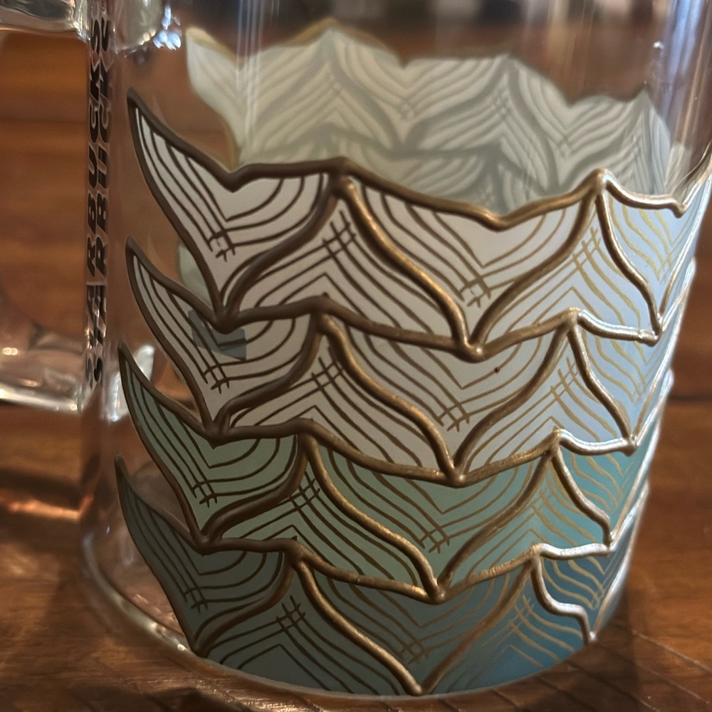 Starbucks Clear Glass Mug with Mermaid Scales Gold and Green Leaf Design